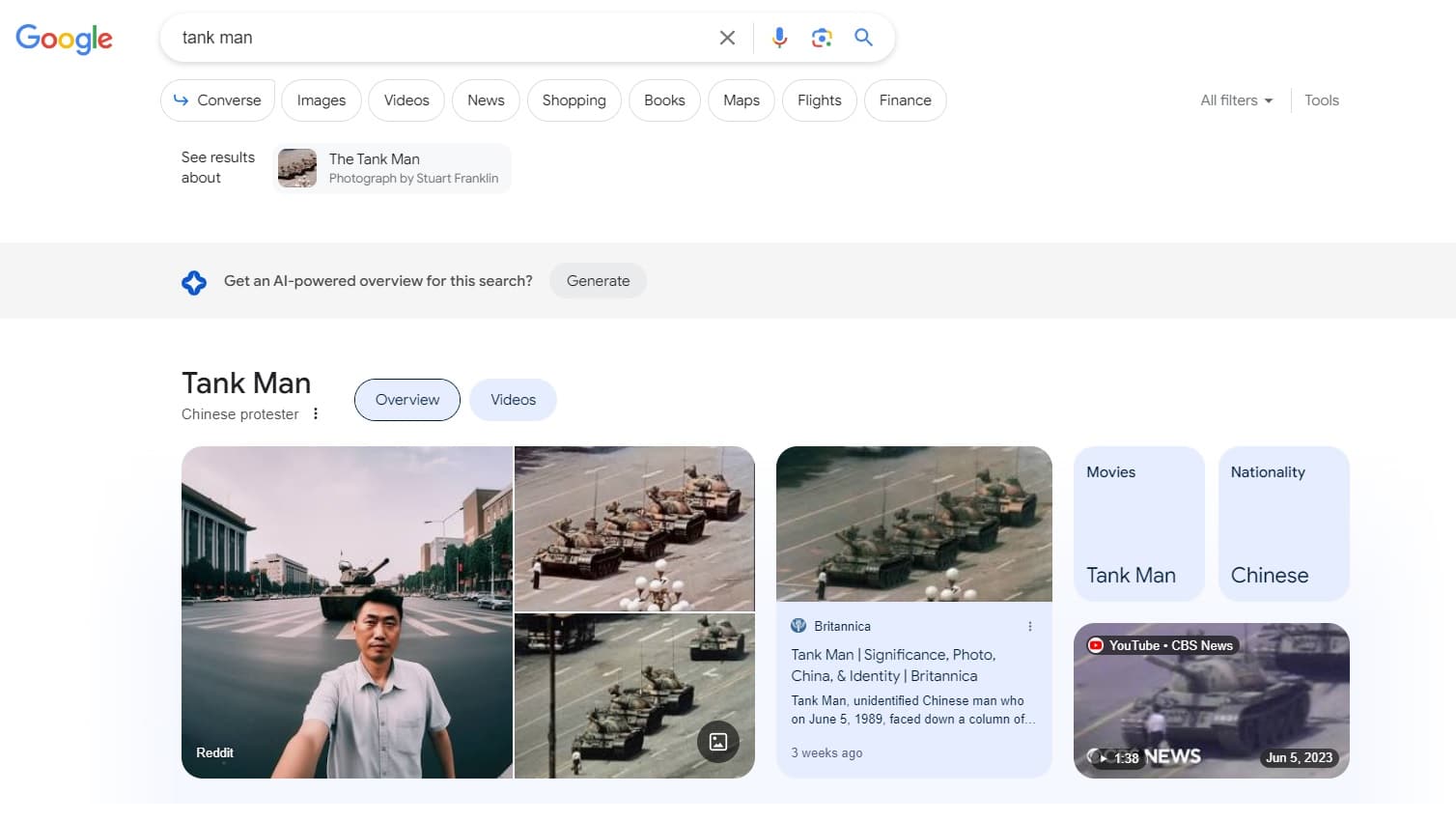 Recherche Google fausse photo IA tank man 2