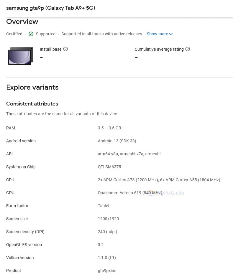 Samsung Galaxy Tab A9 Plus Google Play Console 2