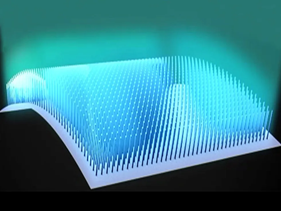 un schéma d'une micro LED bleue courbée réalisée en faisant pousser des tiges de nitrure de gallium alignées verticalement sur un film de graphène qui est transféré sur un substrat en plastique