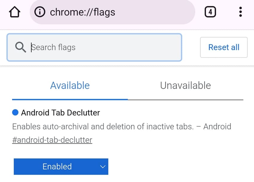 Drapeau de désencombrement de l'onglet Android dans les indicateurs Chrome.