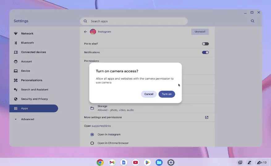 Accès à la caméra Instagram ChromeOS
