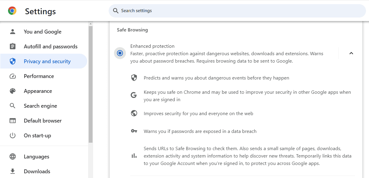 Page Google Chrome à sécurité renforcée