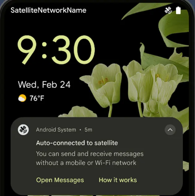 Connectivité réseau satellite Android 15