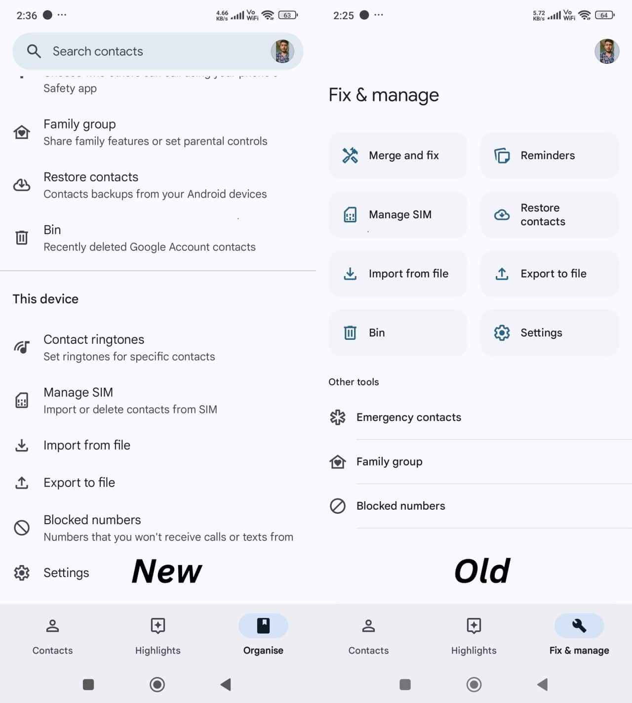 Onglet Organiser dans Google Contacts.