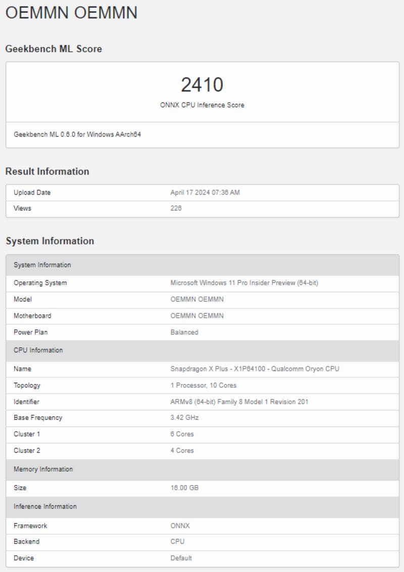 Liste Snapdragon X Plus GeekBench ML