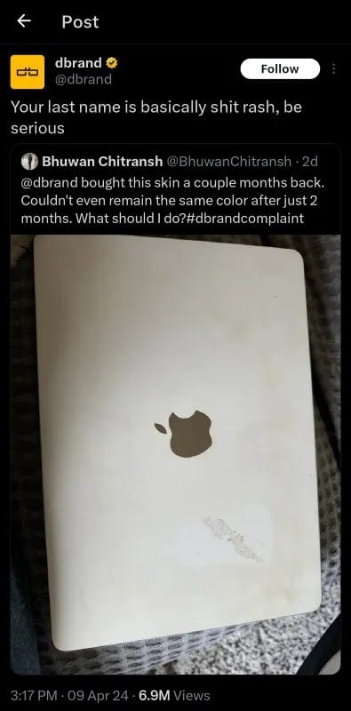 Tweet de Dbrand Rasict.