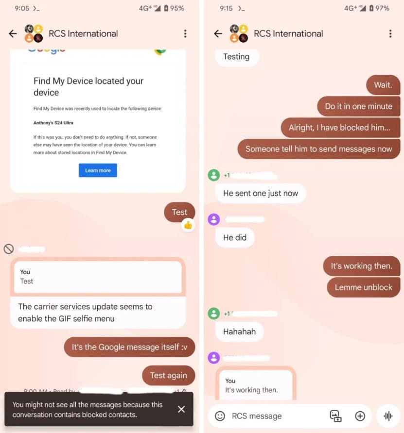Capture d'écran du contact bloqué par les messages Google