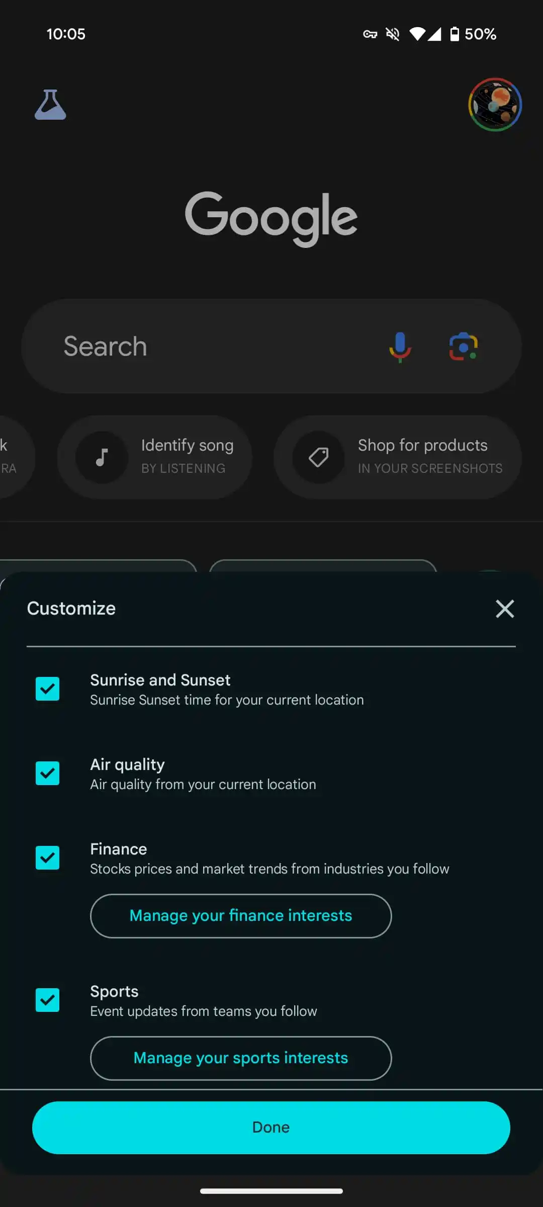 Activation de la carte Google Discover Sunrise Sunset