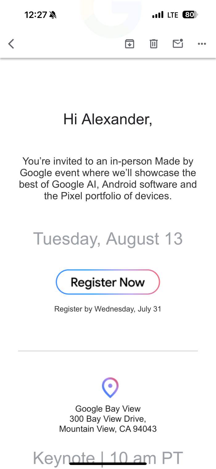 Invitation à un événement Google Pixel : août 2024