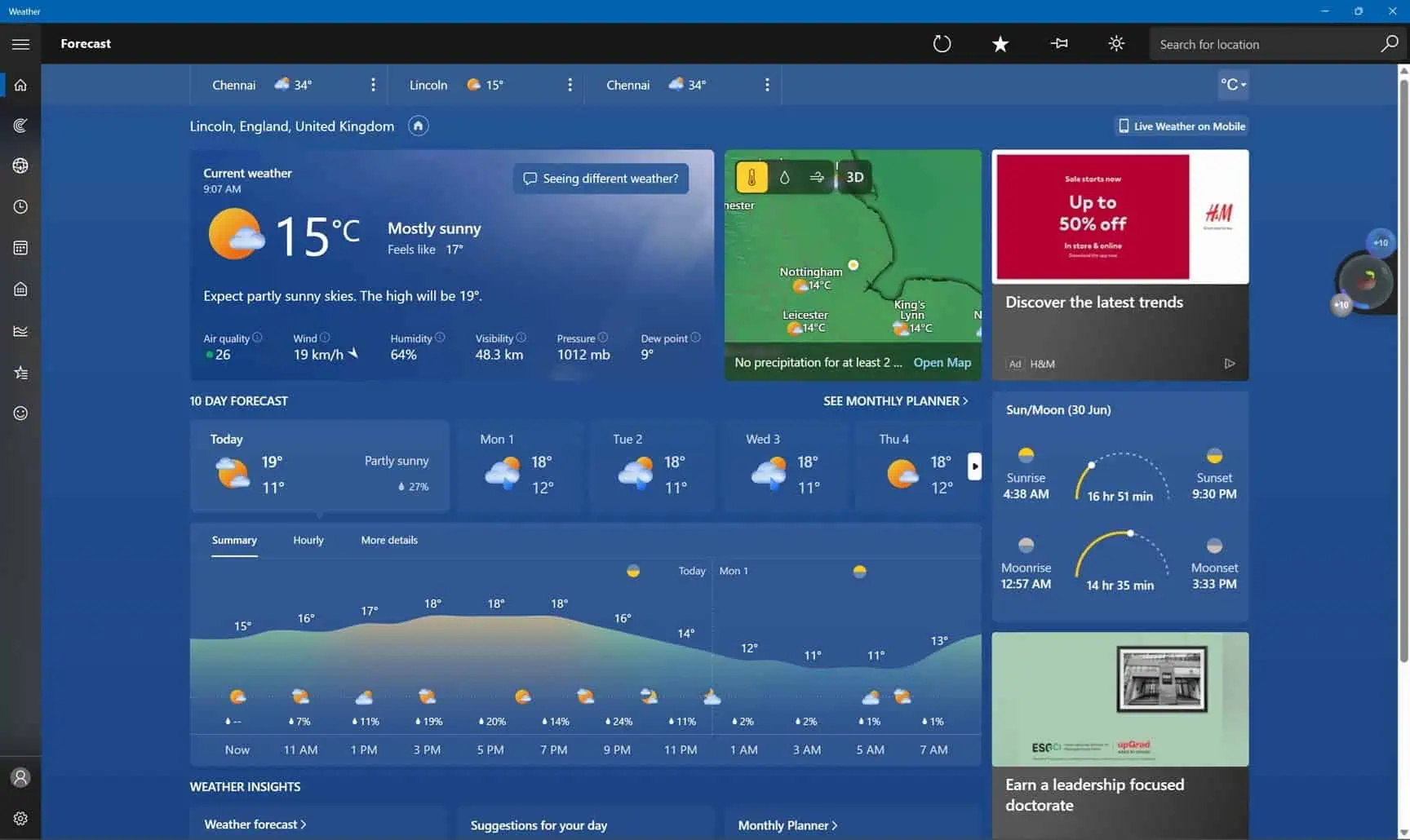 Publicités pour l'application météo de Microsoft Windows 11