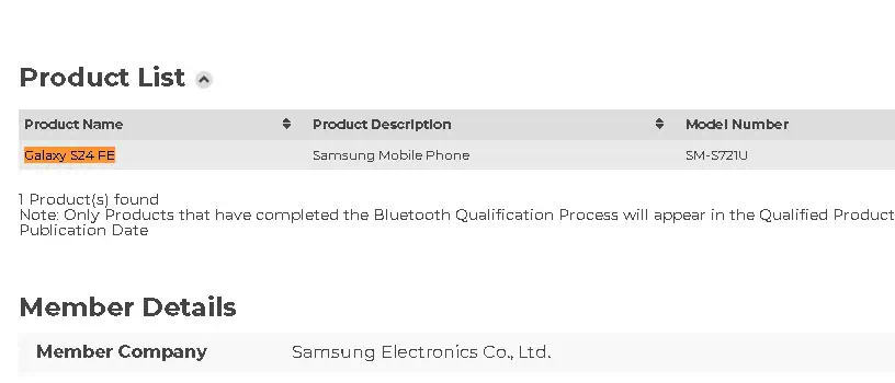 Galaxy S24 FE Bluetooth SIG