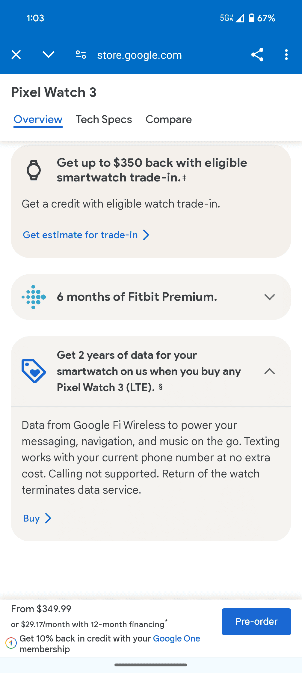 Données WiFi gratuites sur la montre Google Pixel Watch 3 LTE