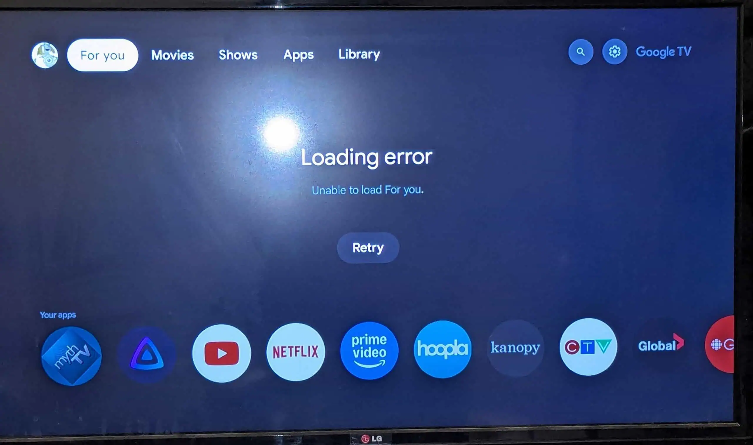 Erreur de chargement de l'écran d'accueil de Google TV