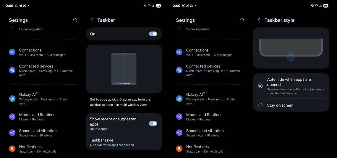 Galaxy Z Fold 6 Fonction de barre de tâches de masque automatique