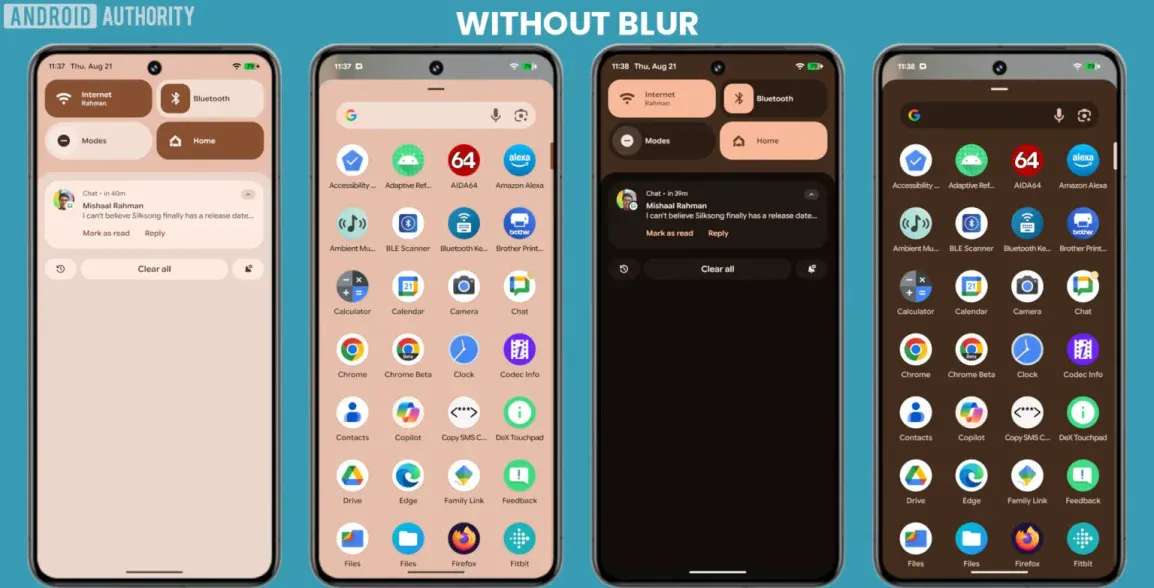 Android Material 3 Pixels UI expressifs éteindre le flou d'arrière-plan