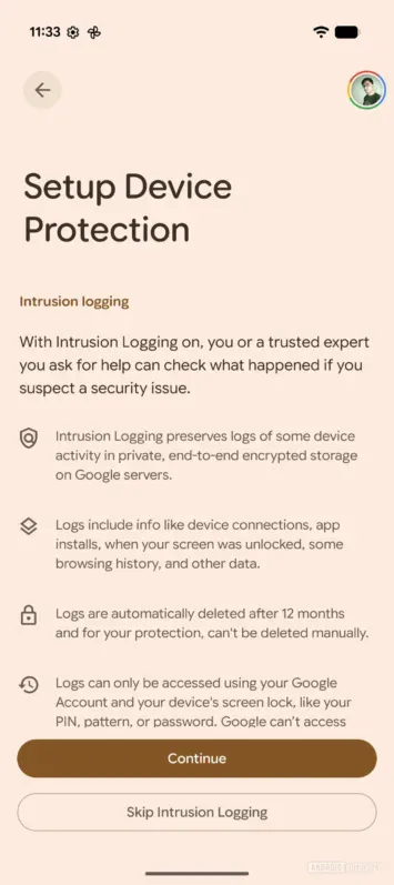 Configuration de la journalisation des intrusions Android 16