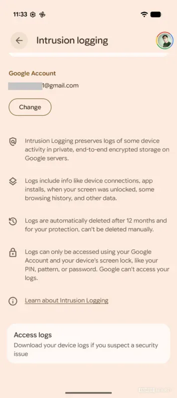 Journaux de journalisation des intrusions Android 16