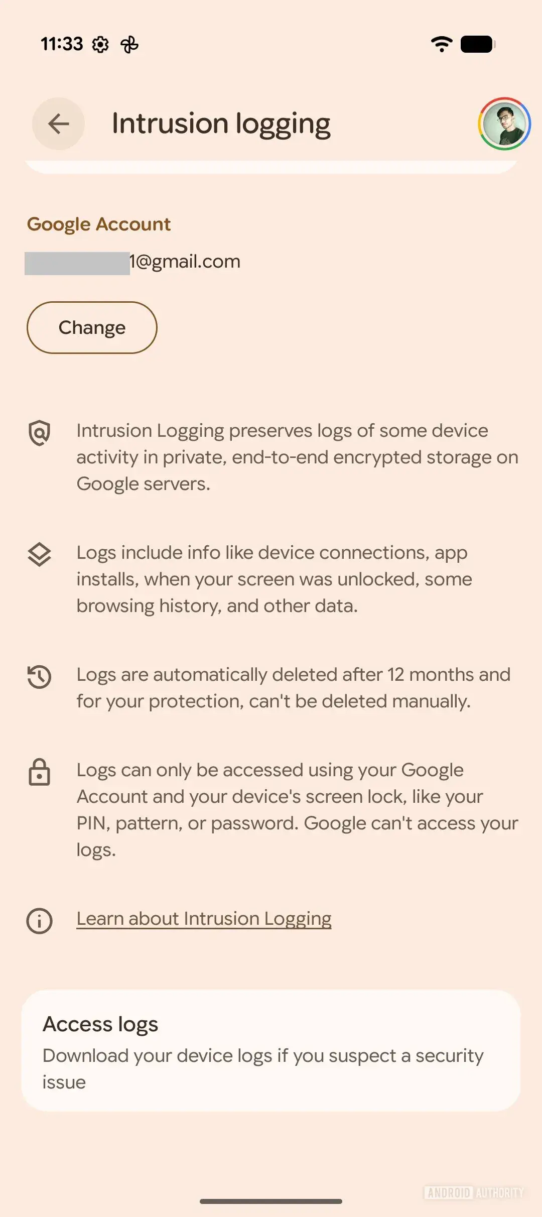 Journaux de journalisation des intrusions Android 16
