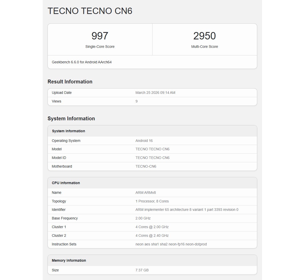 Tecno Camon Slim obtient la certification et exécute Geekbench révélant son chipset