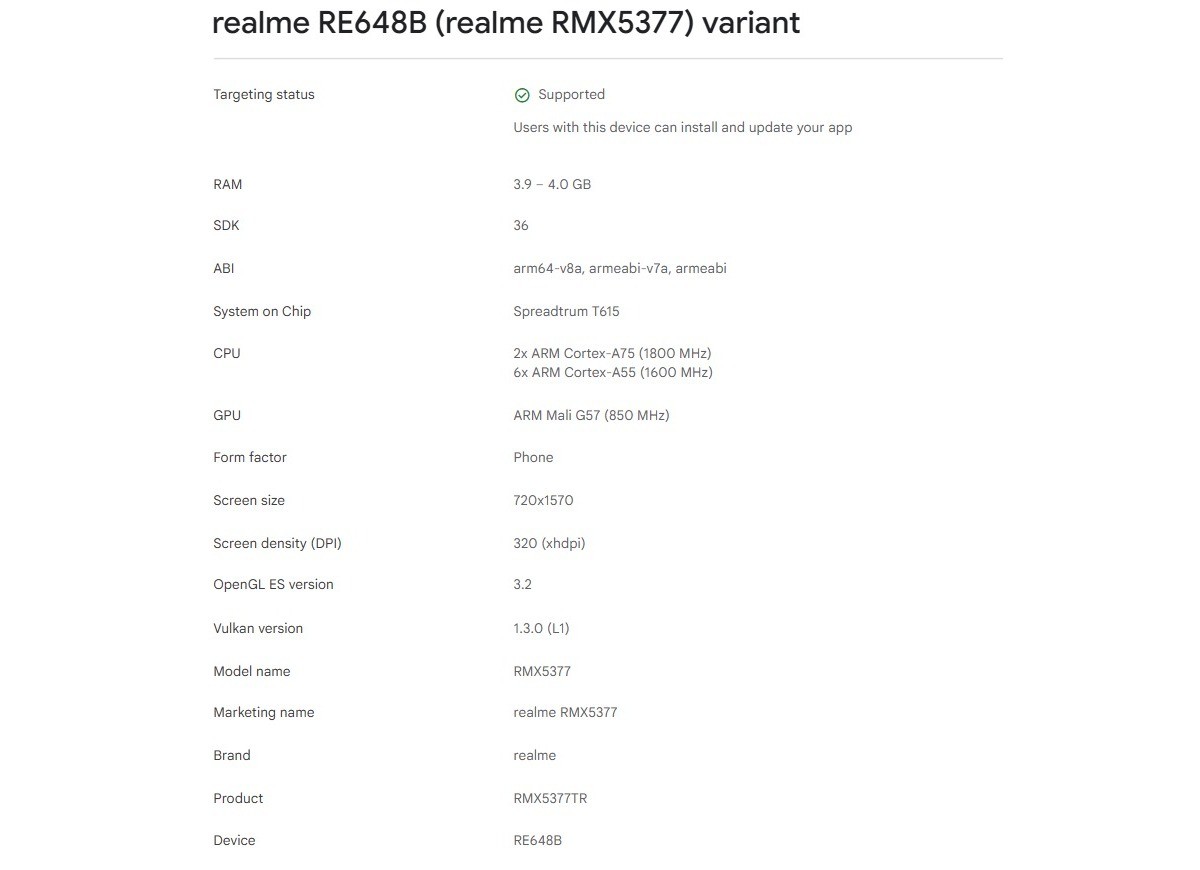 Realme C100i débarque dans la console Google Play, révélant ses principales spécifications