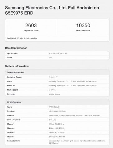 Annonces Exynos 2700 sur Geekbench
