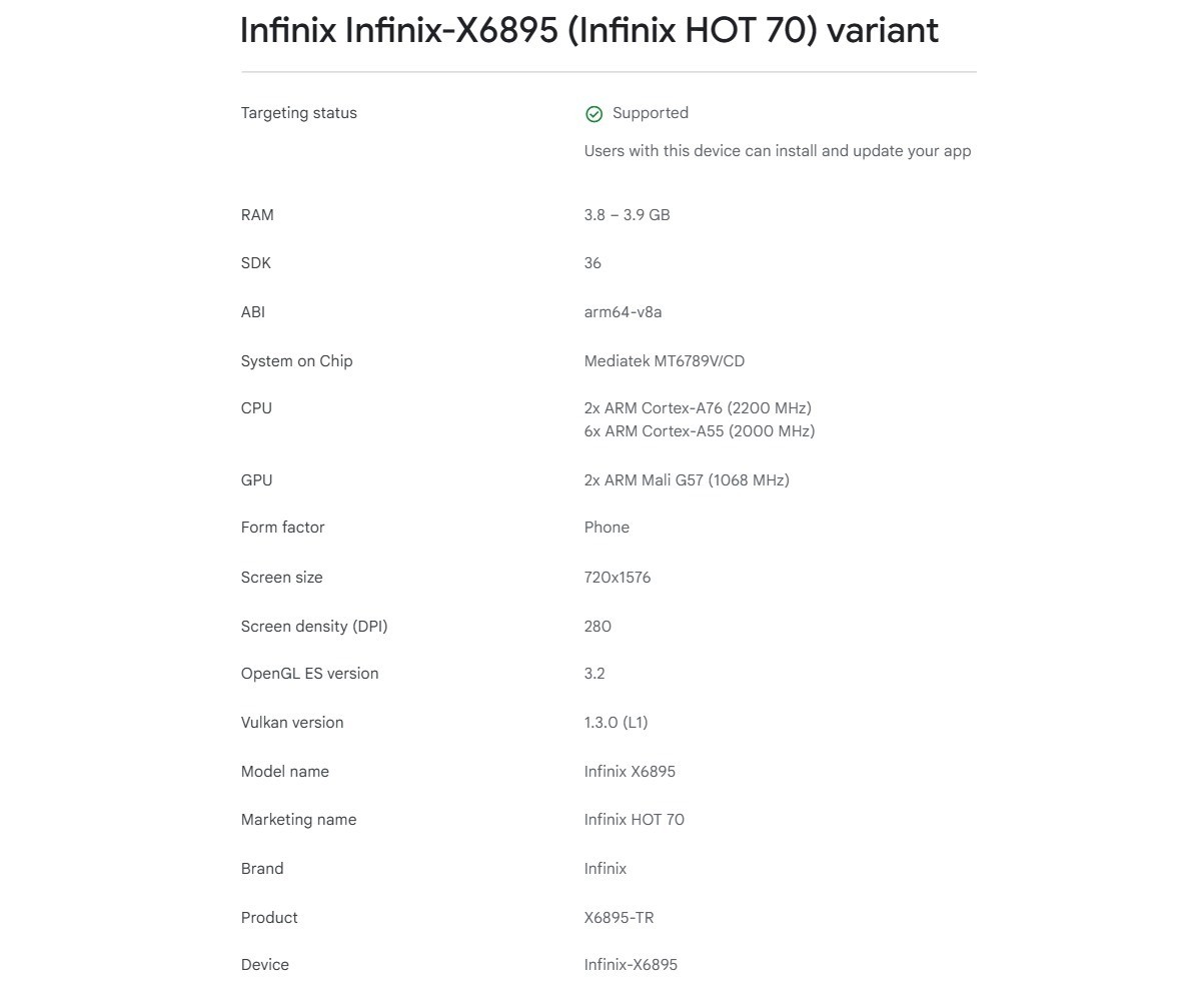 La liste de la console Google Play d'Infinix Hot 70 montre sa façade et révèle ses principales spécifications