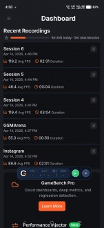 GameBench FPS Monitor affichant les données de performances et les résultats de session