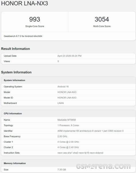 Le prétendu Honor 600e apparaît sur Geekbench avec des spécifications clés