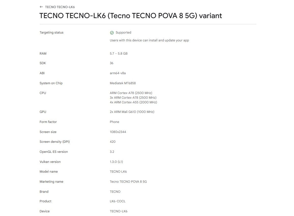 Tecno Pova 8 5G apparaît dans la console Google Play confirmant ses principales spécifications