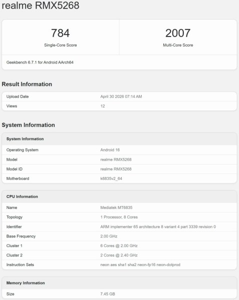 Le prétendu Realme 16T apparaît sur Geekbench avec des spécifications clés