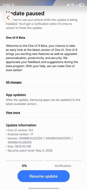 Captures d'écran de la mise à jour bêta de Samsung One UI 9