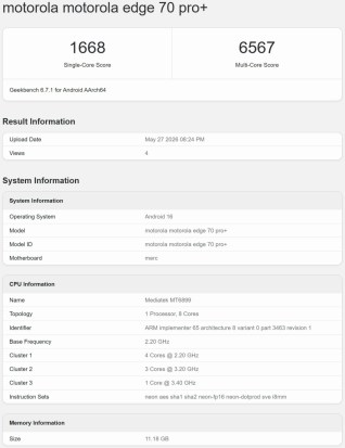 Motorola Edge 70 Pro+ sur Geekbench