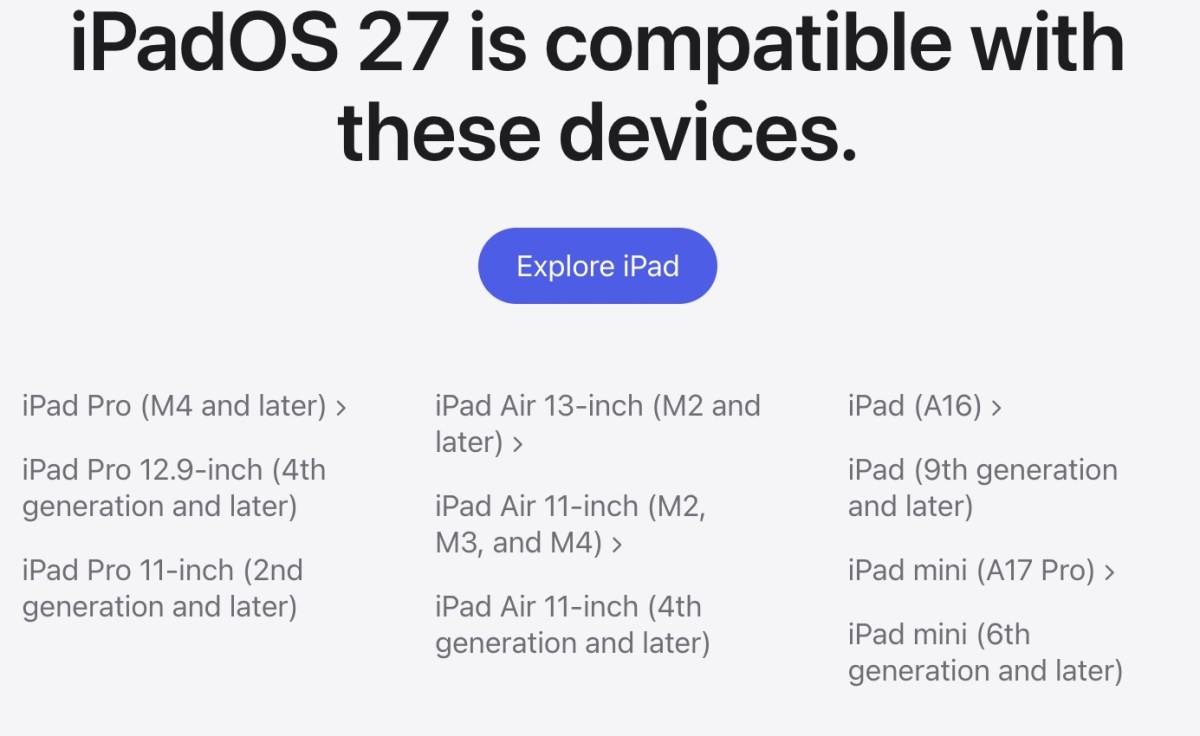 La liste de support d'Apple pour iOS 27, iPadOS 27, macOS 27 et watchOS 27 est ici