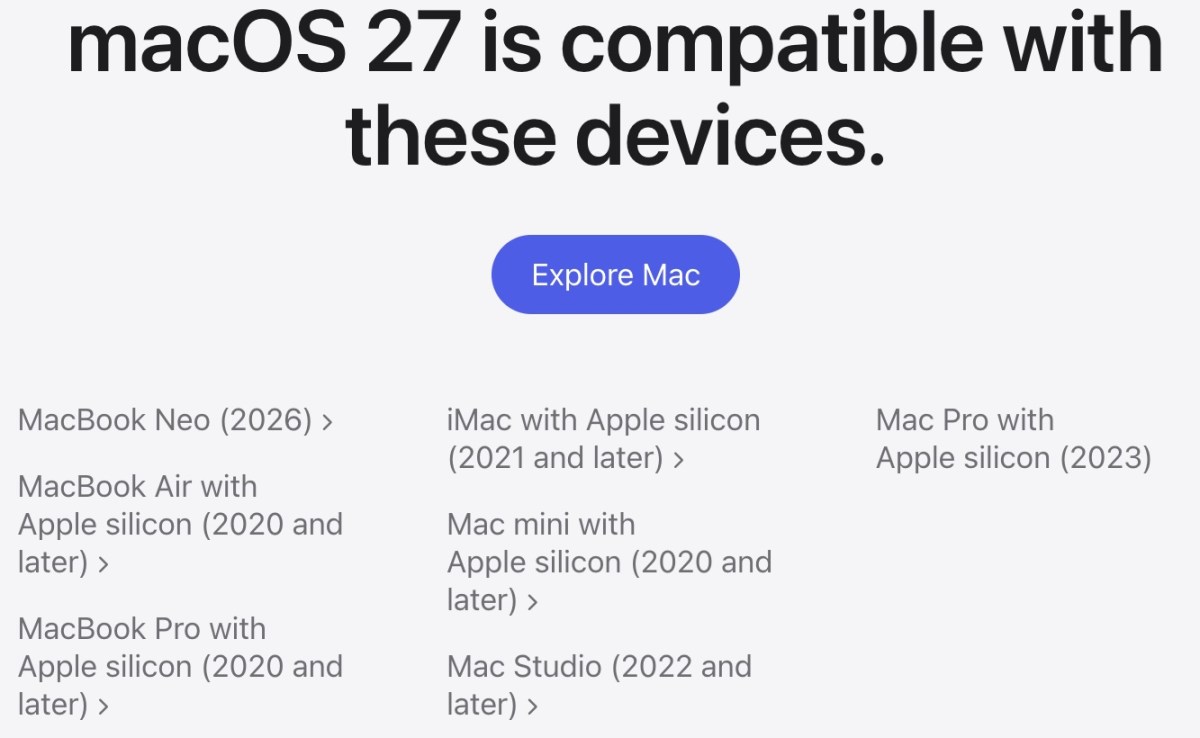 La liste de support d'Apple pour iOS 27, iPadOS 27, macOS 27 et watchOS 27 est ici