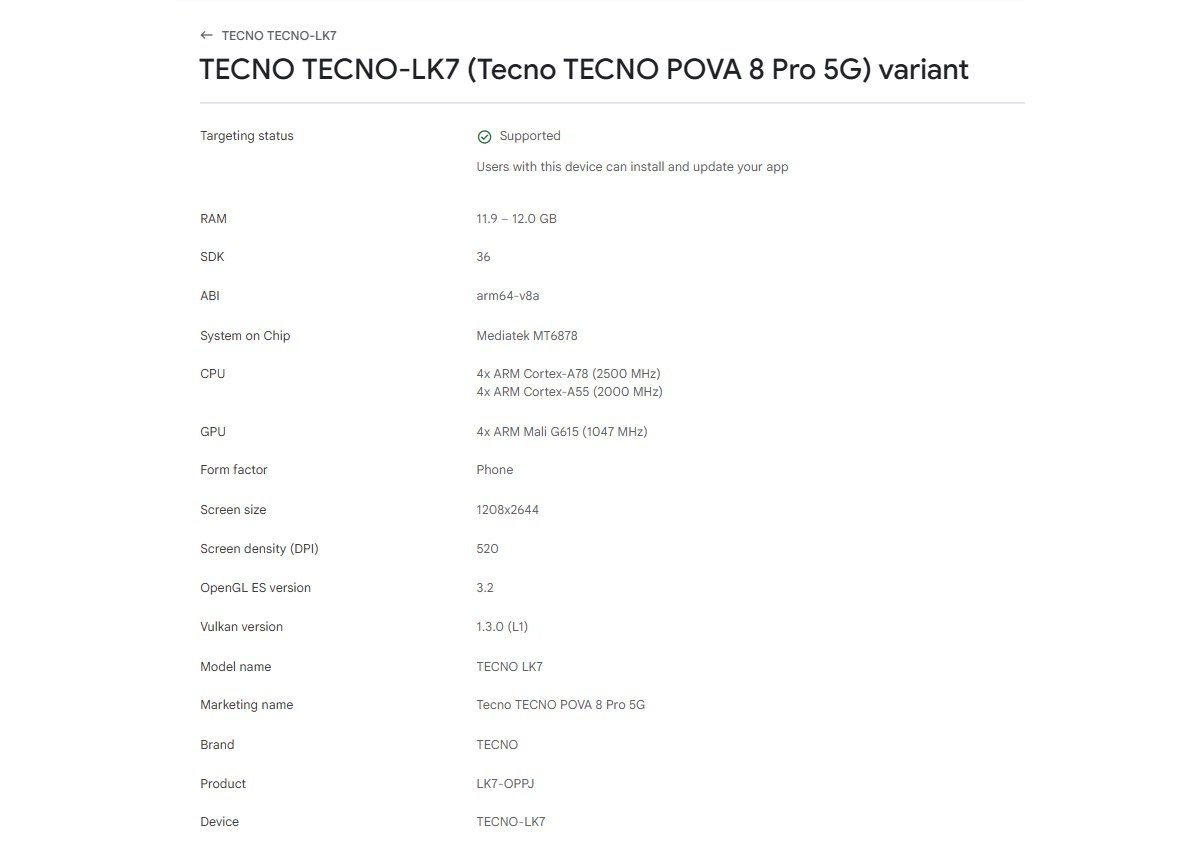 Tecno Pova 8 Pro 5G apparaît dans la console Google Play, voici à quoi il ressemble