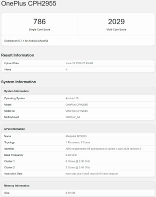 OnePlus CPH2955 sur Geekbench