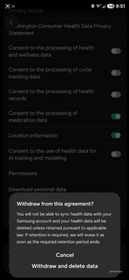 Pop-up d'avertissement de suppression des données Samsung Health