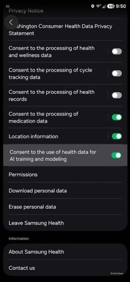 Basculement du consentement aux données Samsung Health