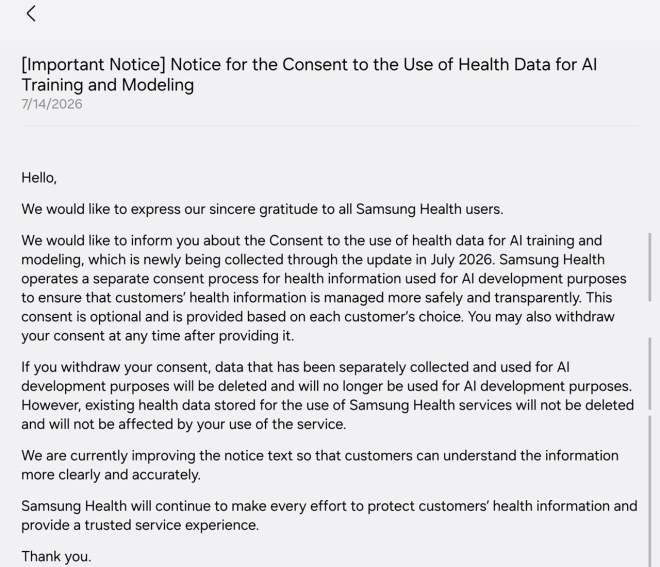 Avis intégré à l'application de Samsung fournissant des éclaircissements sur l'utilisation des données de santé