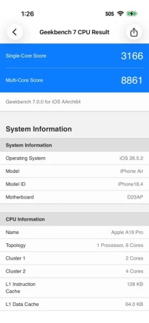 Test de l'iPhone Air Geekbench 7