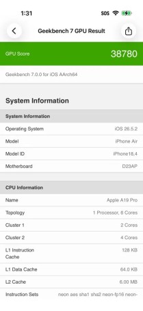 Test de l'iPhone Air Geekbench 7