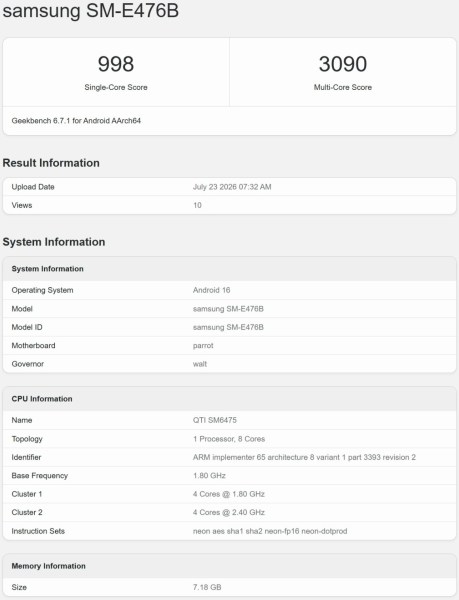 Samsung Galaxy F70 Pro sur Geekbench