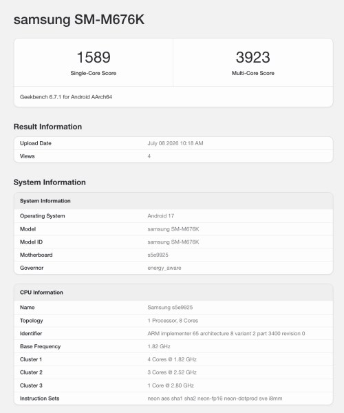 Le Samsung Galaxy M67 émerge sur Geekbench avec une puce Exynos oubliée