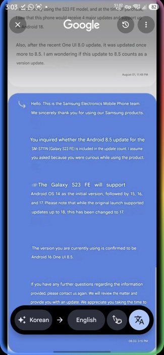 Conversation avec un représentant Samsung (traduit automatiquement du coréen)
