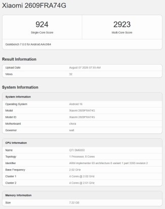 Redmi Note 17 Pro Max (mondial) : tableau de bord Geekbench
