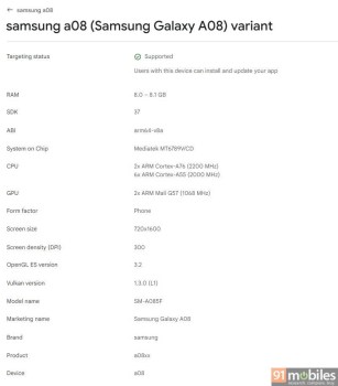 Image et spécifications du Samsung Galaxy A08 de la console Google Play