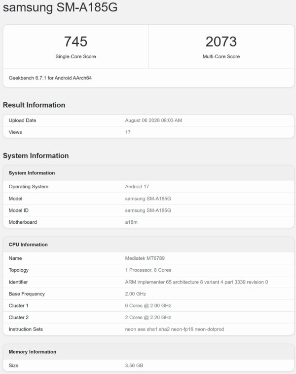 Le Samsung Galaxy A18 apparaît sur Geekbench avec des spécifications clés