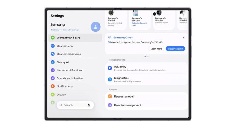 Samsung détaille le nouveau menu Garantie et entretien dans One UI 9
