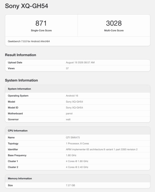 Sony Xperia 10 VIII exécute Geekbench