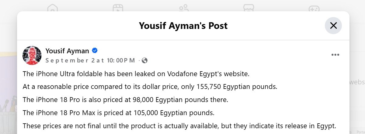 Article de Yousif Ayman sur les prix de l'iPhone 18 Pro et de l'iPhone Ultra (traduit automatiquement)